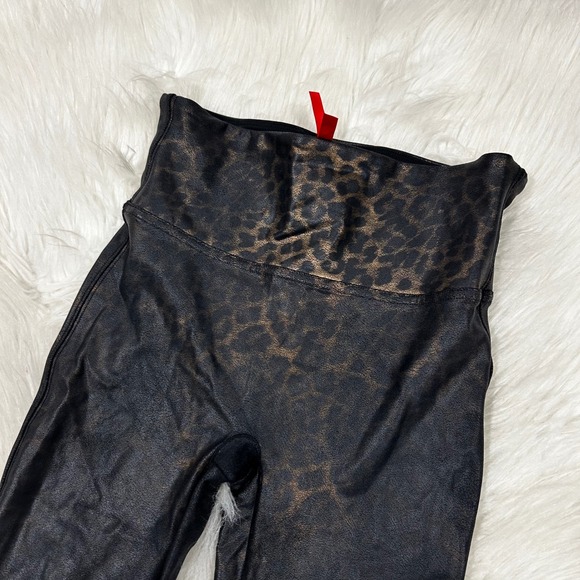 SPANX Leopard Print Faux Leather High Waist Leggings Womens S P Black Gold - Picture 4 of 5